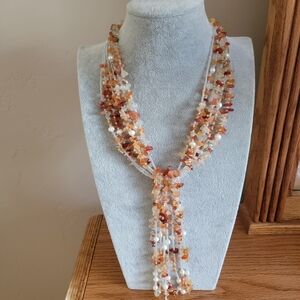 Stone Chip and Real Pearl Multi-Strand Necklace In Varied Shades of Orange
